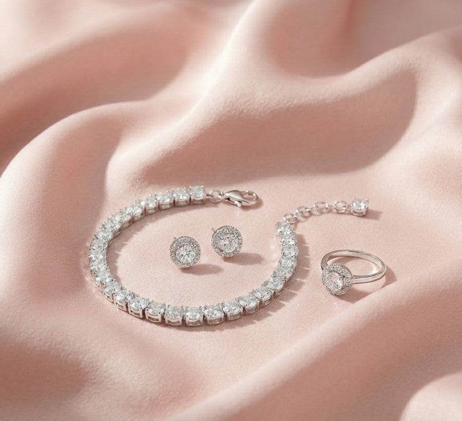 AD Tennis Bracelet with Ring & Stud Earrings Set
