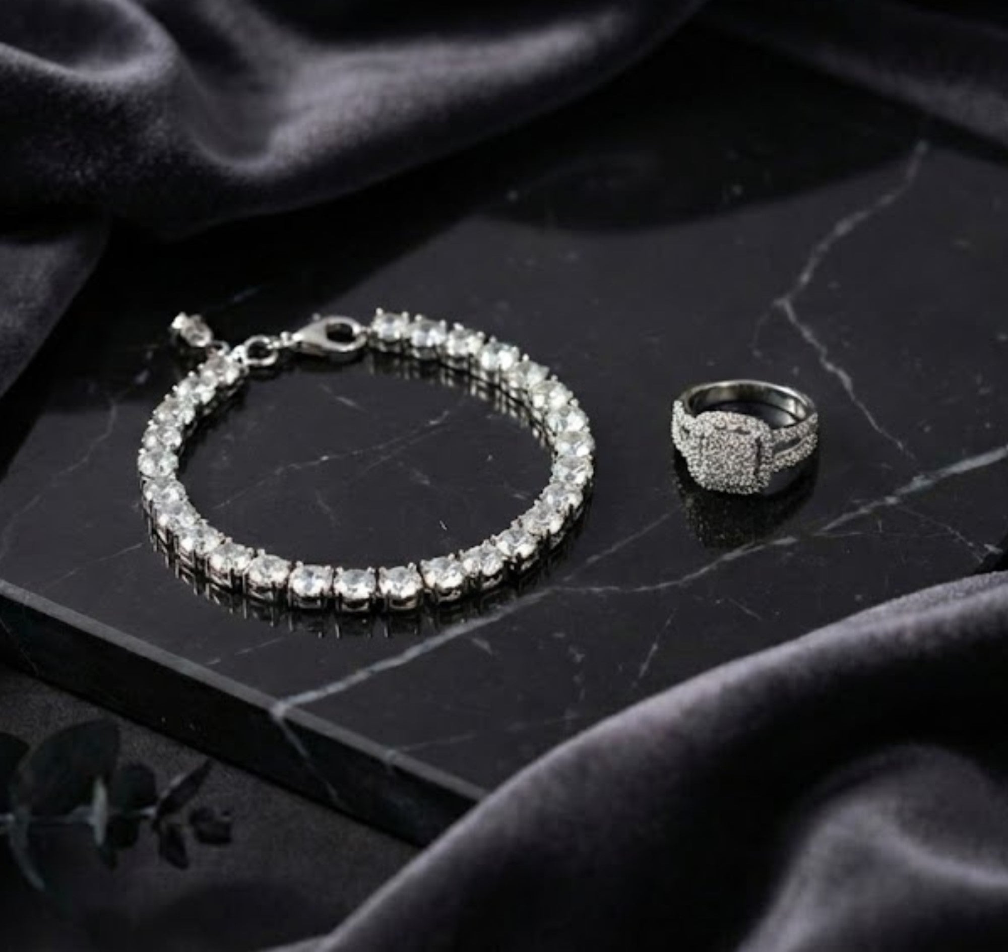 Round-Cut Diamond Tennis Bracelet & Cluster Ring