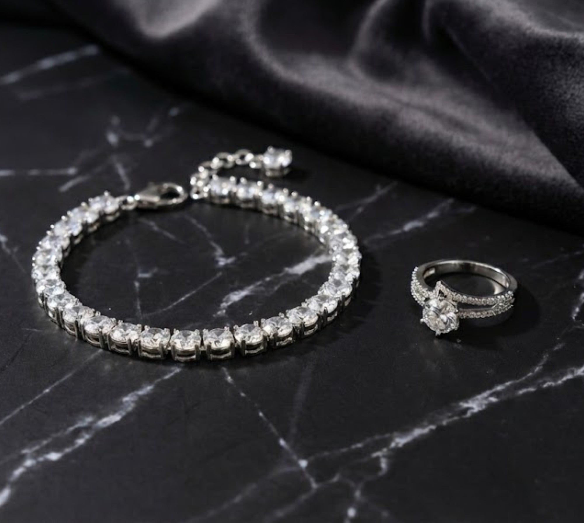 Tennis Bracelet with Round-Cut Stones & Solitaire Ring