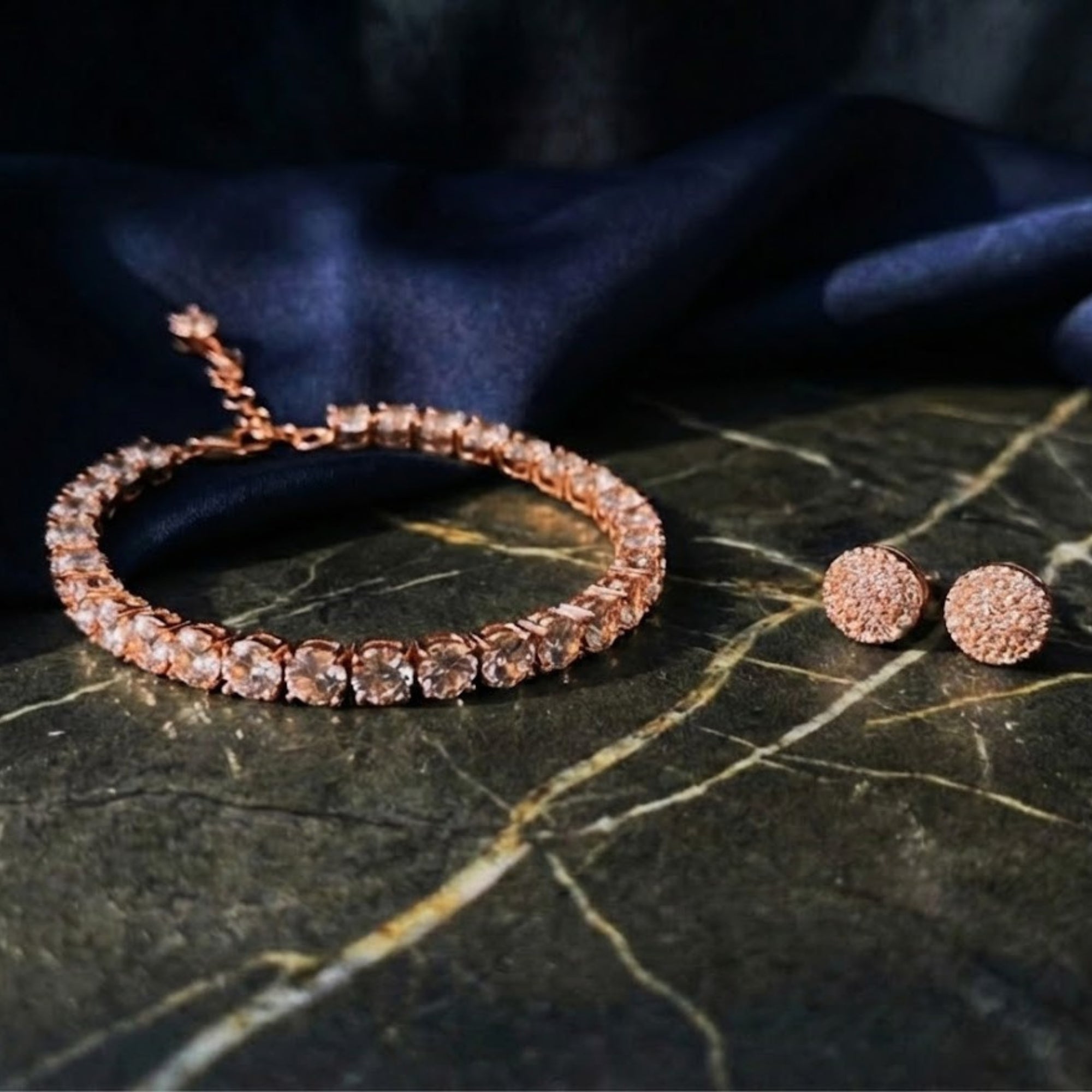 Tennis Bracelet with Round-Cut Stones & Stud Earrings