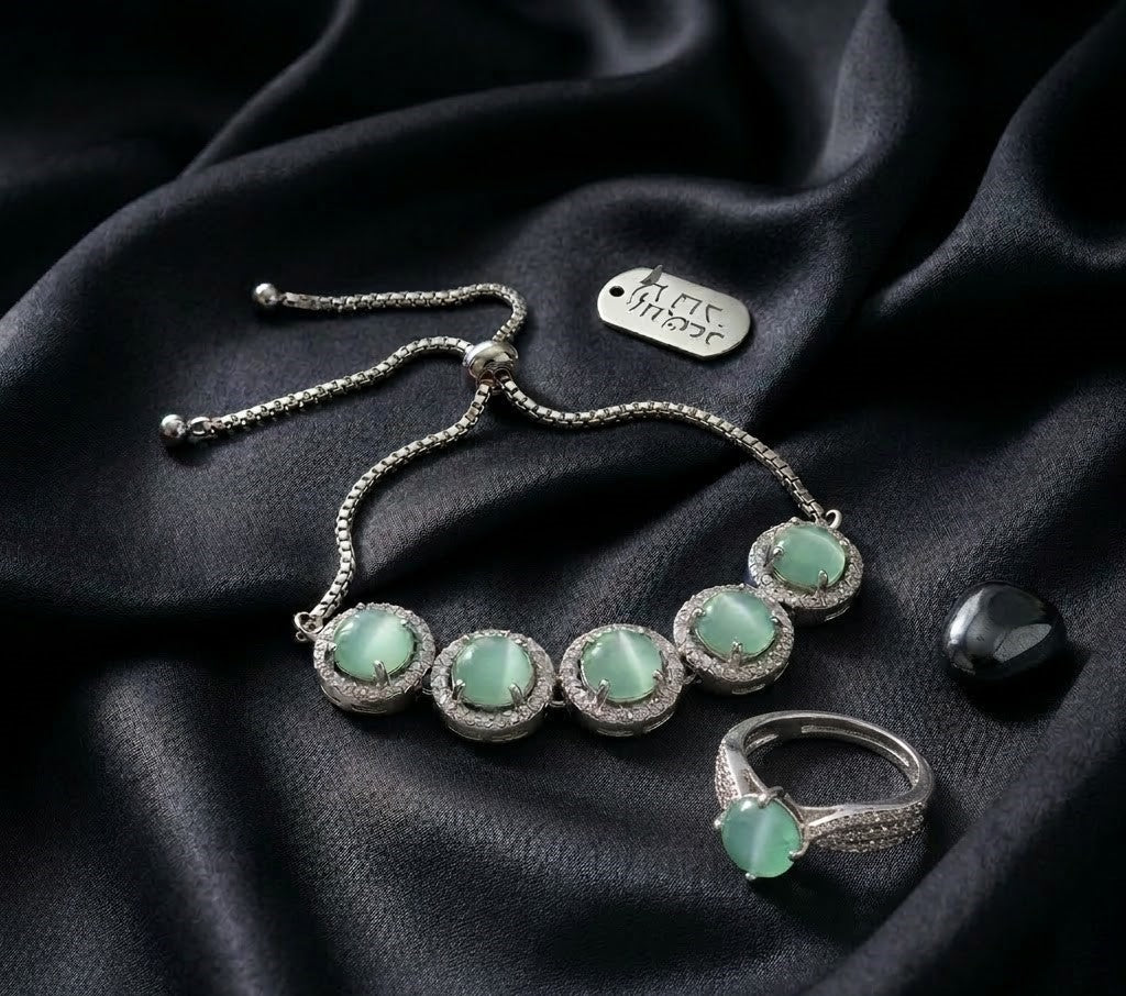 Tennis Bracelet with Green Stone Elegant Ring