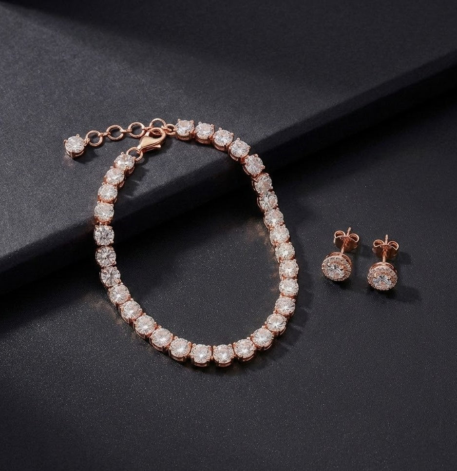 Tennis Bracelet with Round-Cut Stones & Elegant Stud Earrings