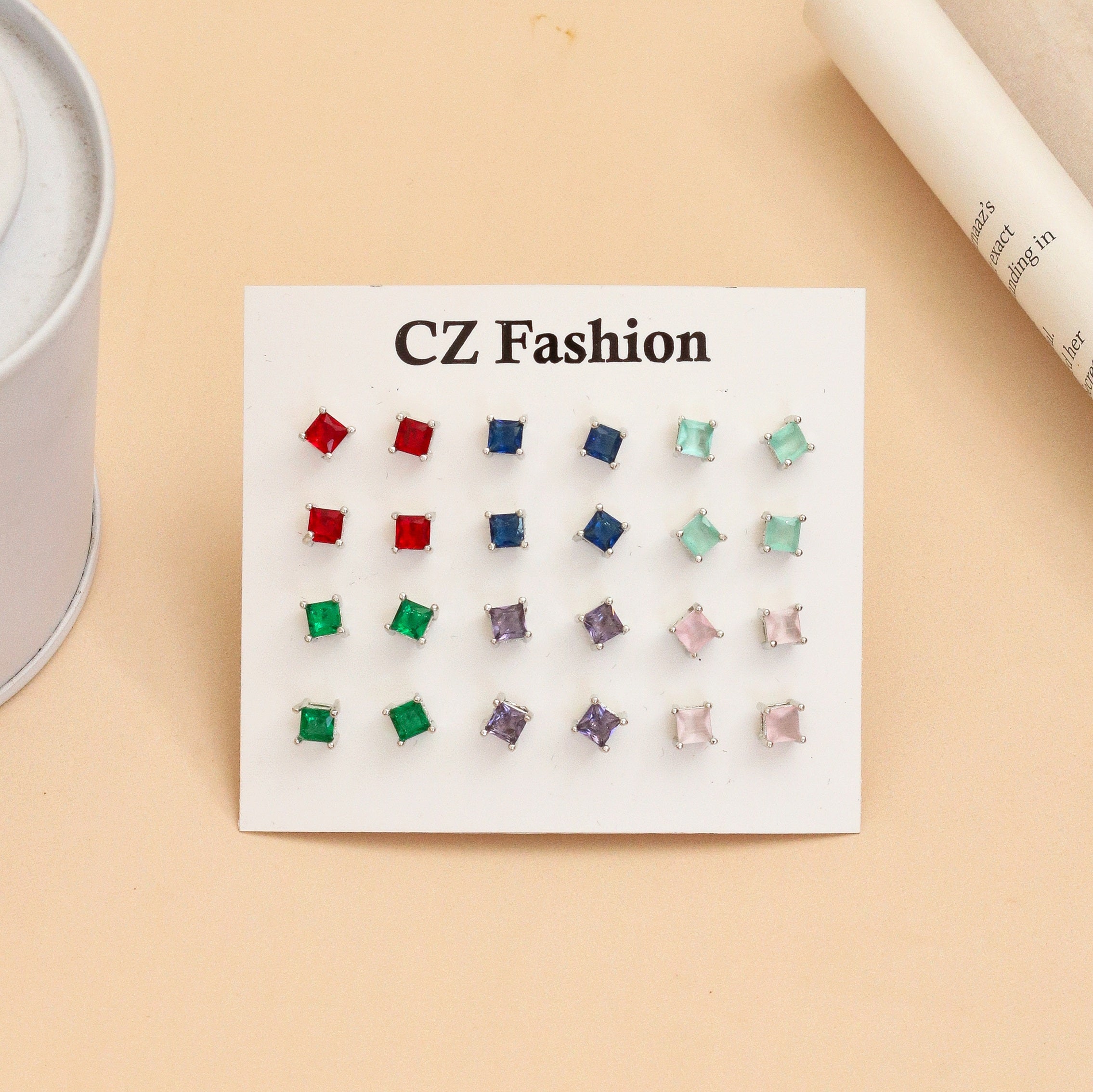 Square Shaped Traditional Rhodium Plated Stud Combo