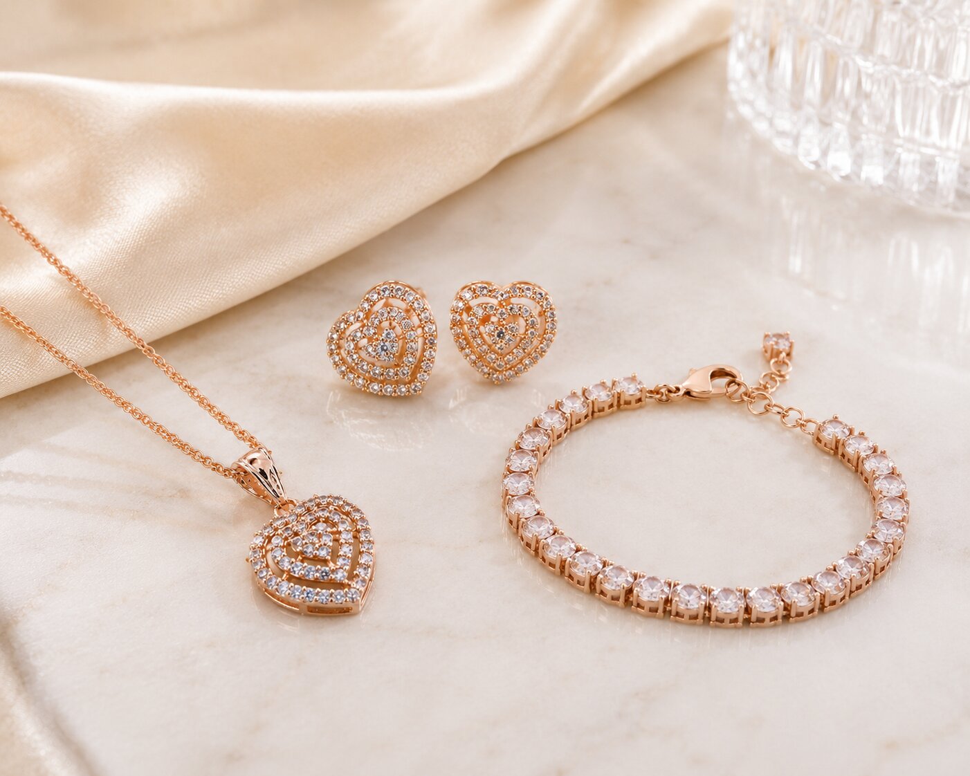 Rose Gold Heart Pendant Necklace, Bracelet & Earrings Jewelry Set