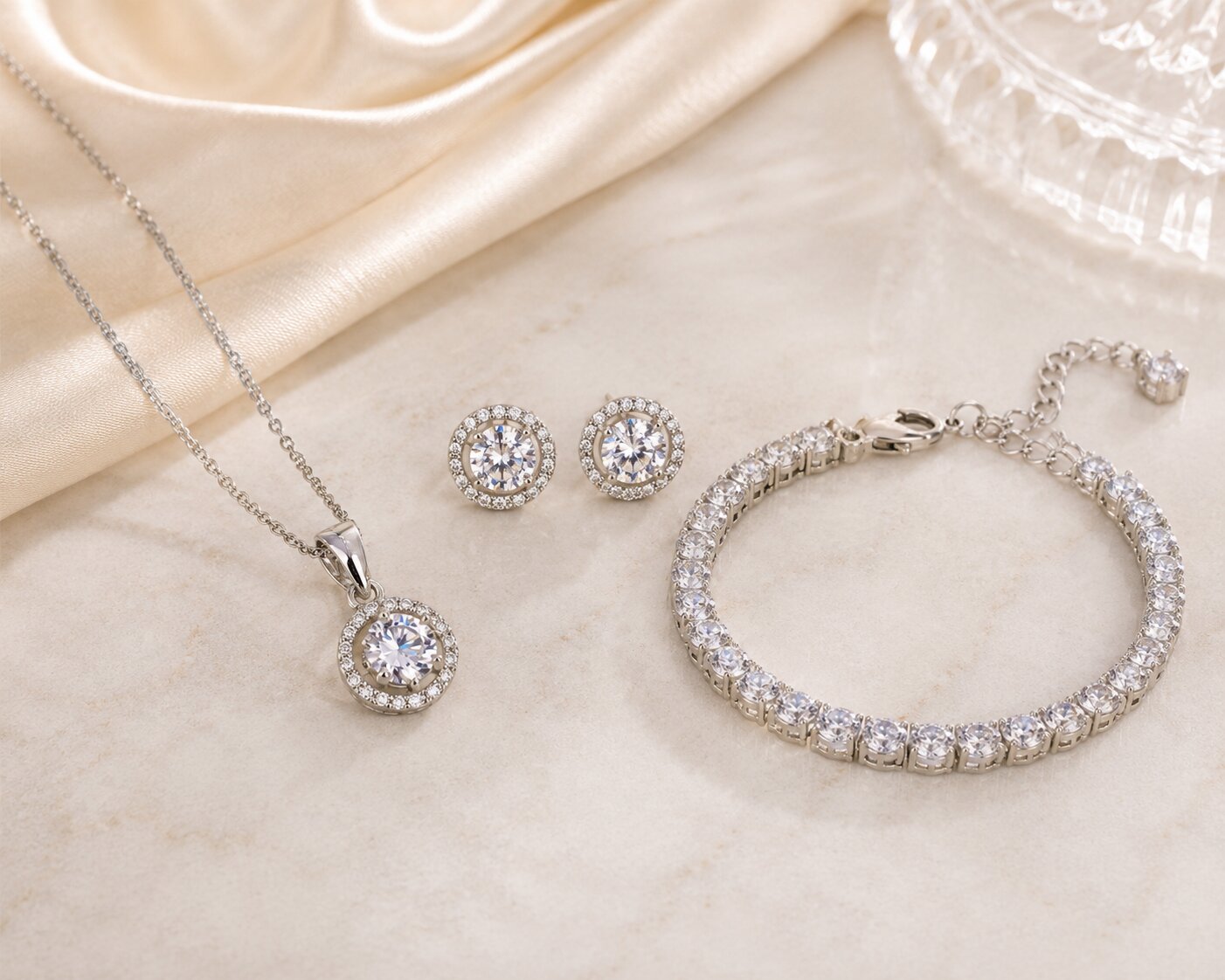 Rhodium Cubic Zirconia Pendant Necklace, Bracelet & Earrings Jewelry Set