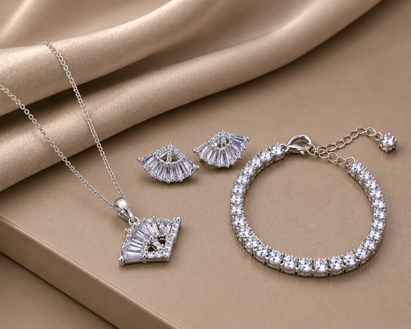 Rhodium Plated Baguette CZ Pendant Necklace, Bracelet & Earrings Jewelry Set