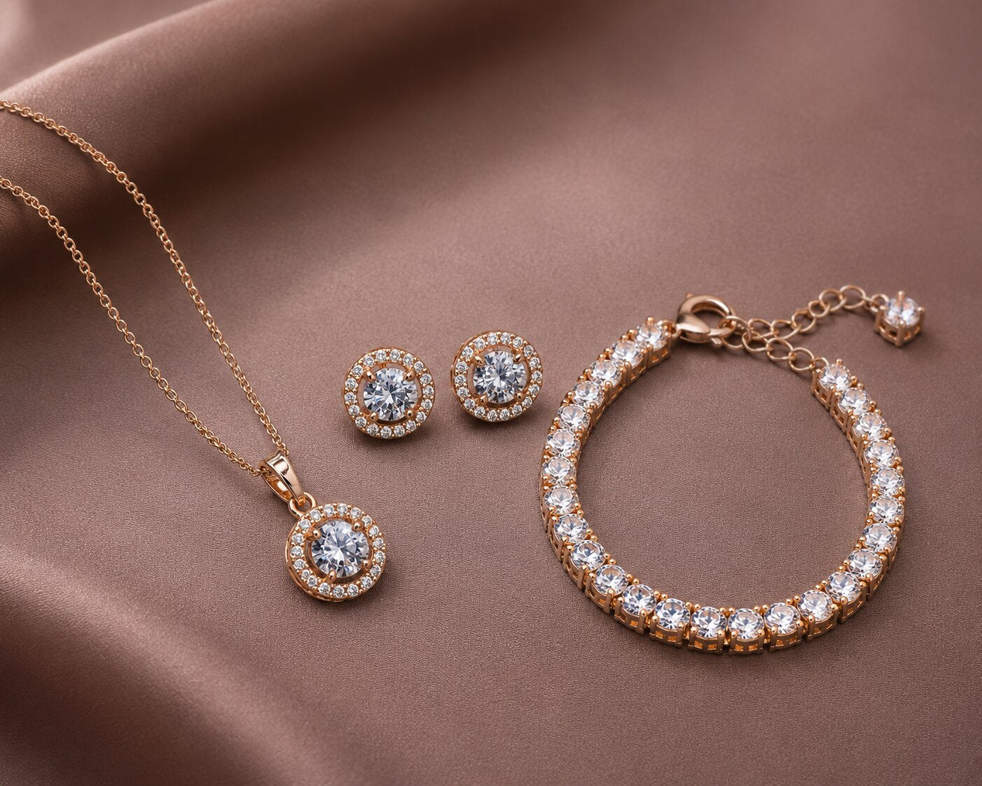 Round Halo CZ Rose Gold Necklace, Bracelet & Earrings Jewelry Set