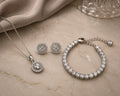 Sunburst Halo CZ Rhodium Necklace, Bracelet & Earrings Jewelry Set