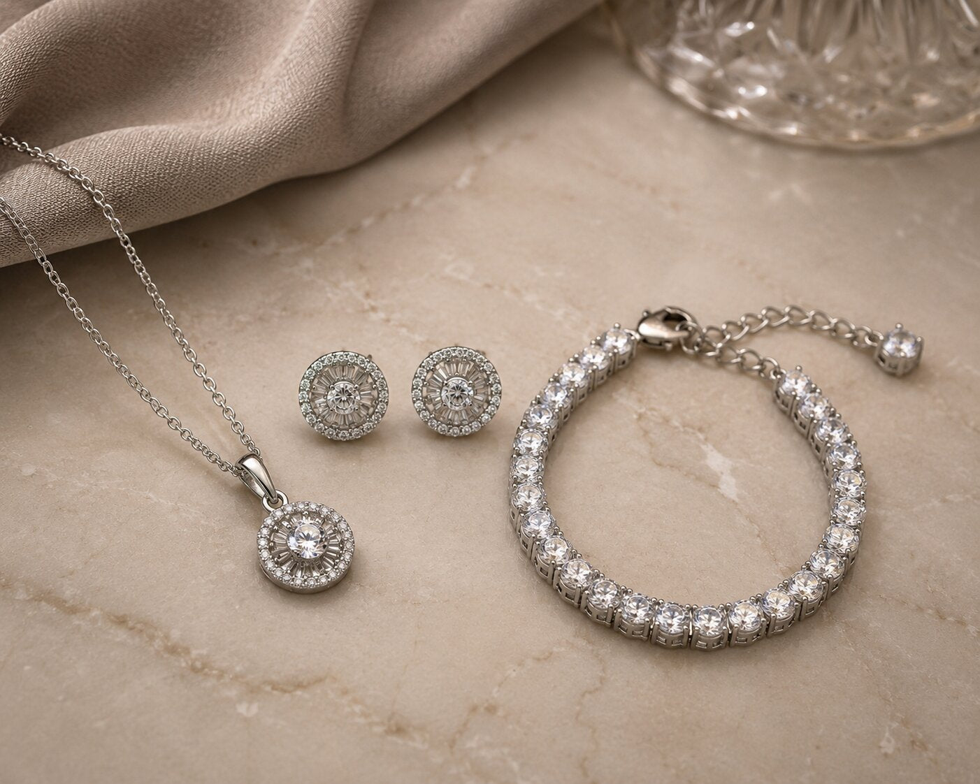 Sunburst Halo CZ Rhodium Necklace, Bracelet & Earrings Jewelry Set
