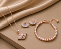 Rose Gold Plated American Diamond Jewelry Set with Geometric Pendant, Stud Earrings & Tennis Bracelet
