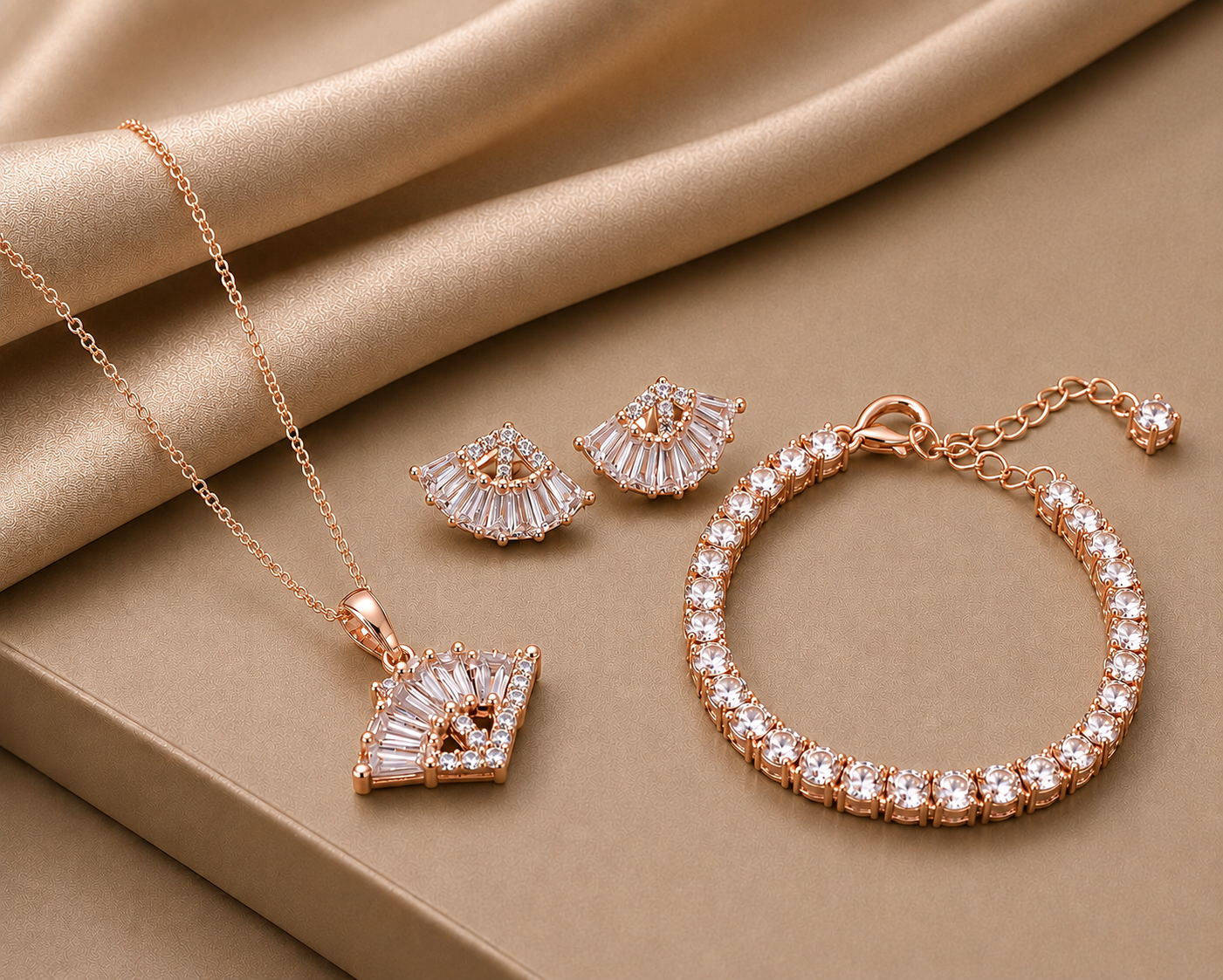 Rose Gold Plated American Diamond Jewelry Set with Geometric Pendant, Stud Earrings & Tennis Bracelet