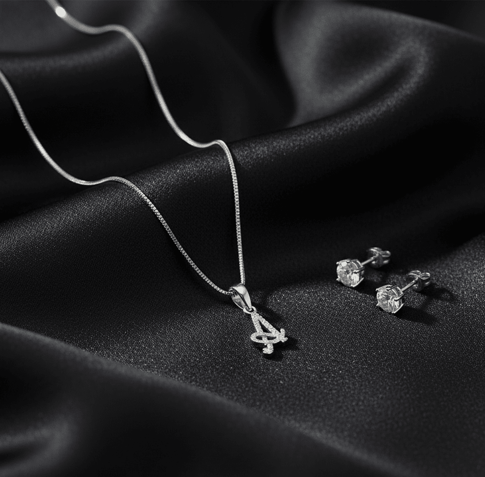 A' Initial Necklace and Cubic Zirconia Stud Earrings Set (Pack of 2)