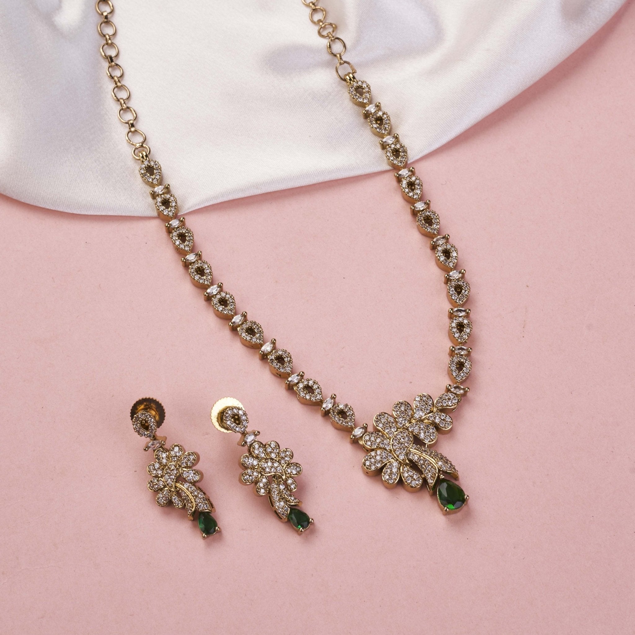 Mehendi Plated American Diamond Floral Necklace Set