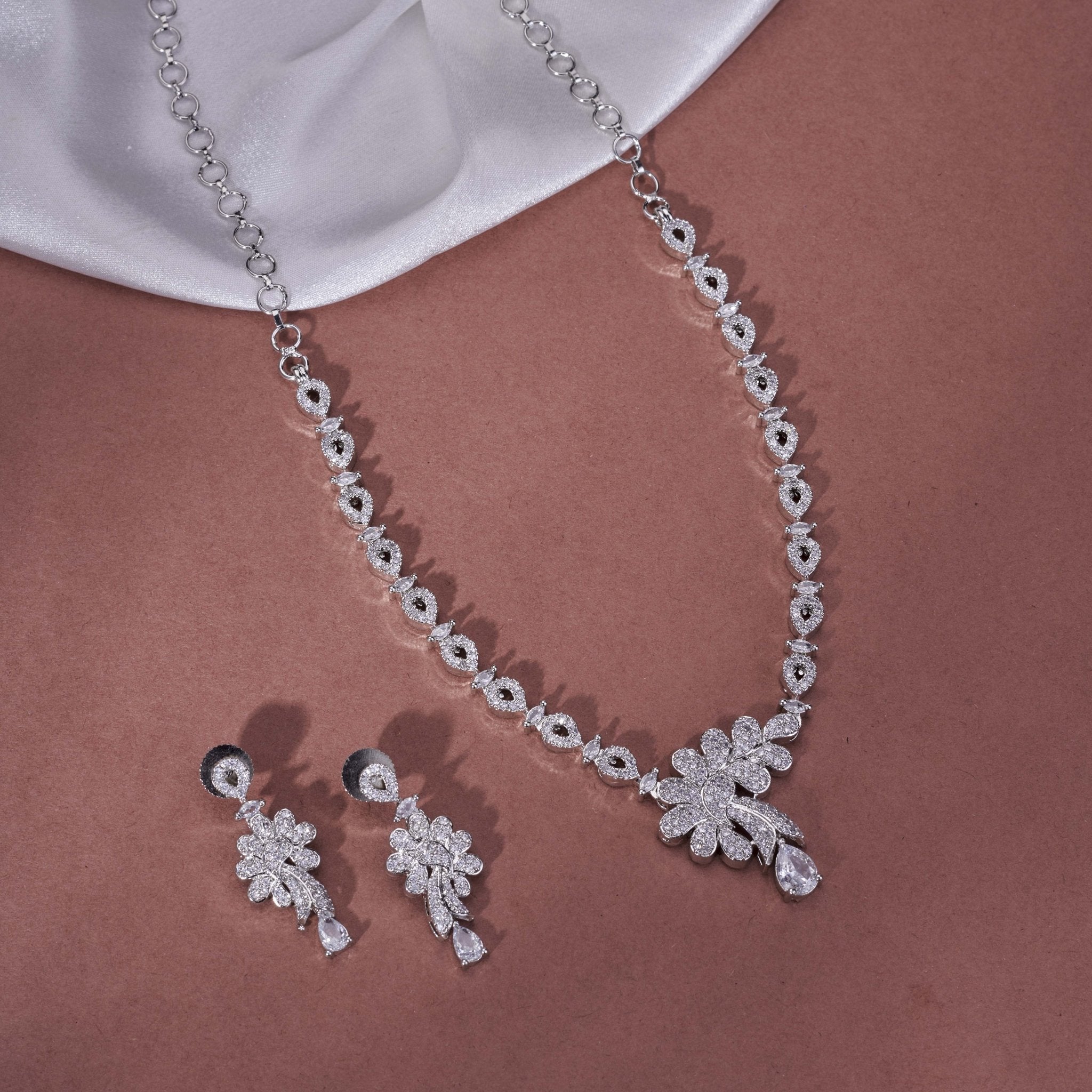 Rhodium Plated Floral American Diamond Necklace Set