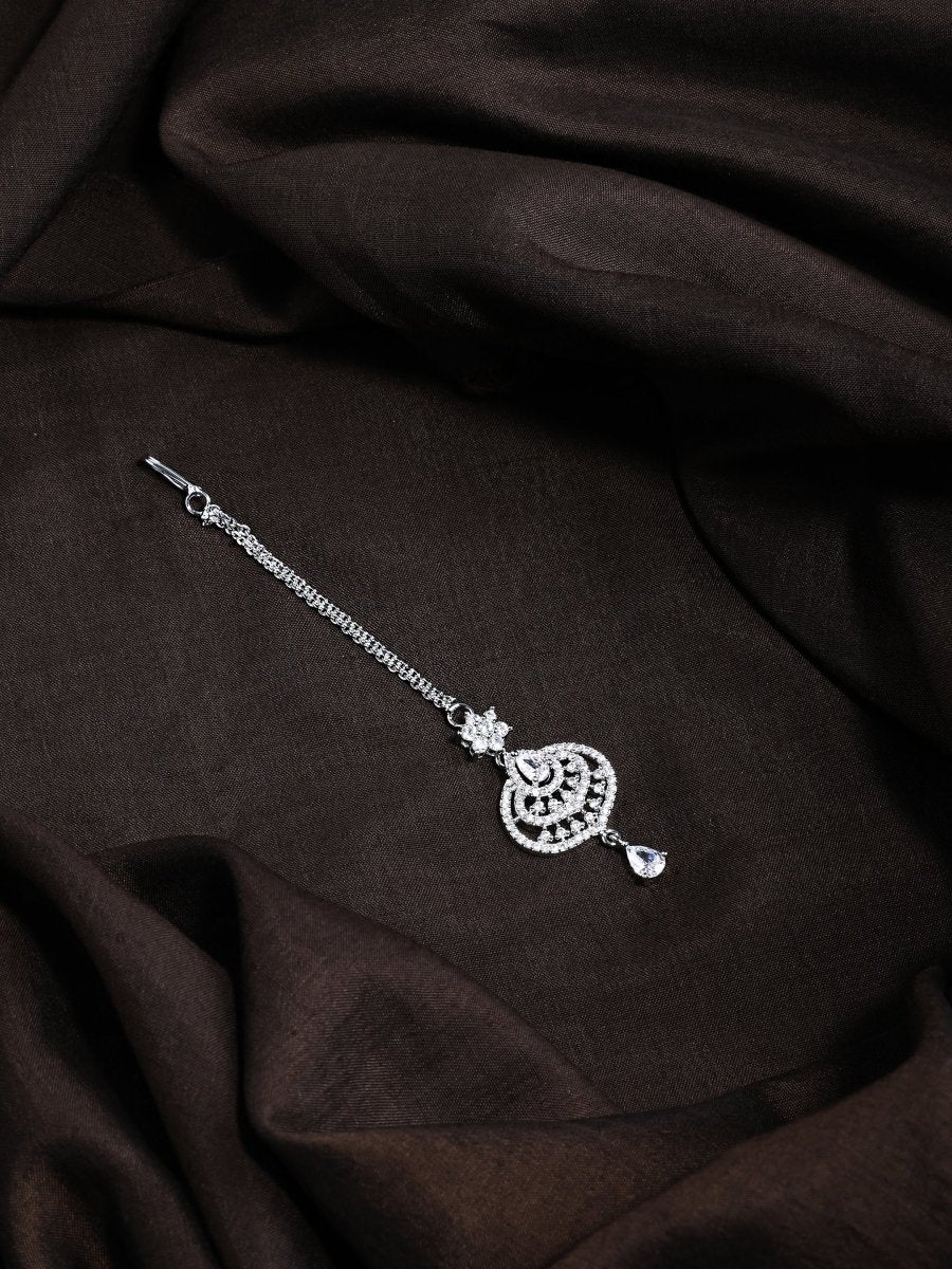 American Diamond CZ Studded Rhodium Plated Maang Tikka