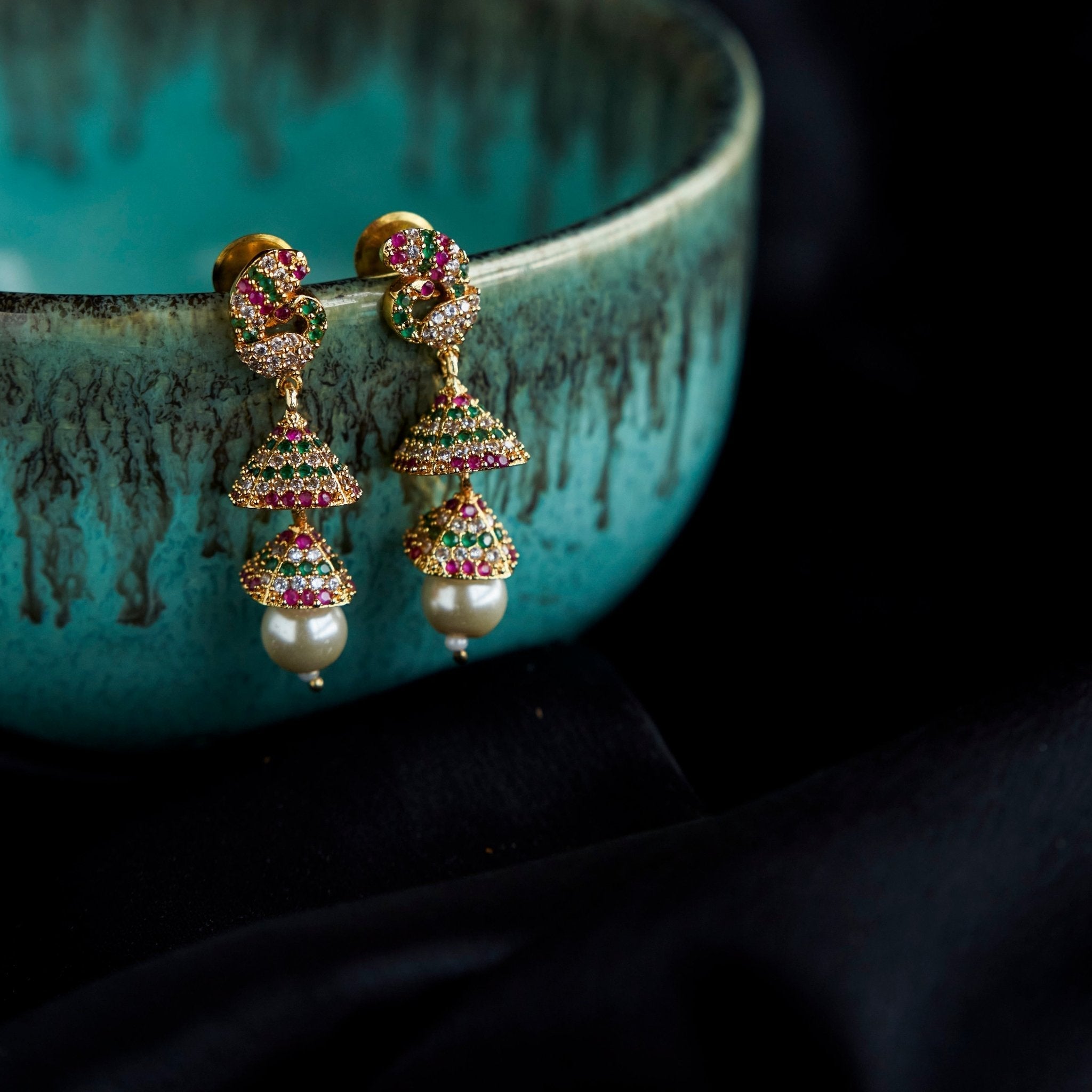 Gold Plated Peacock Double Jhumka Earrings with Pearl Drop