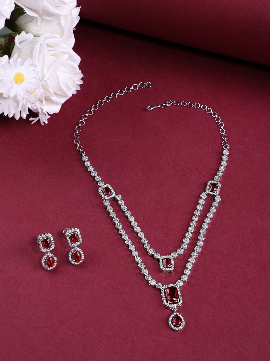 American Diamond Layered Necklace Set with Earrings
