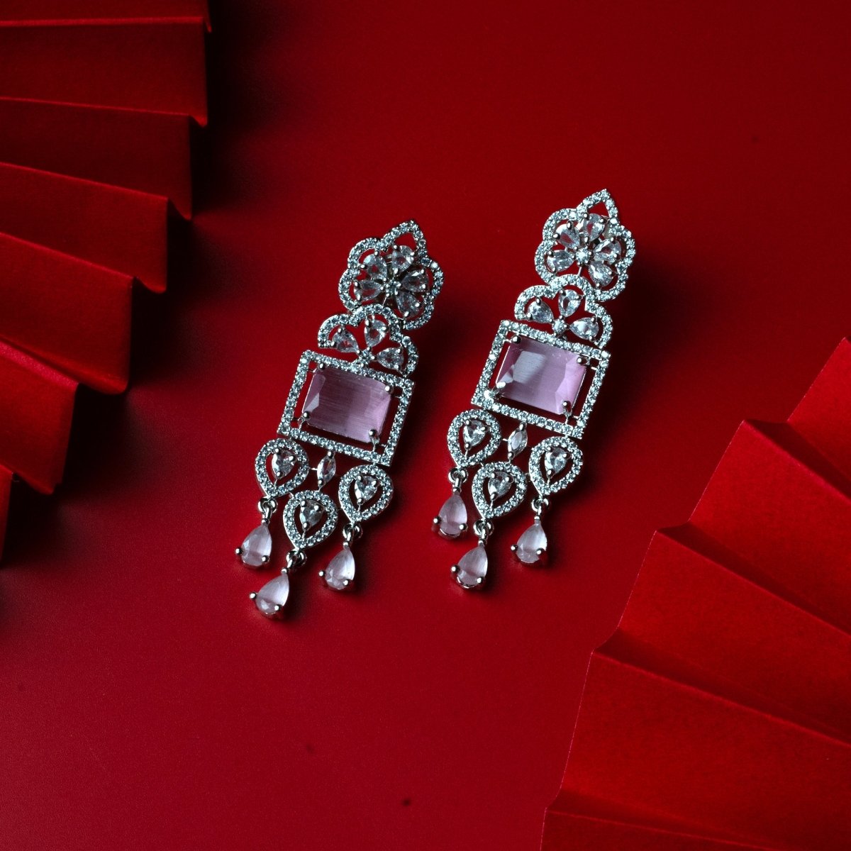American Diamond Long Rhodium Plated Dangle Earrings