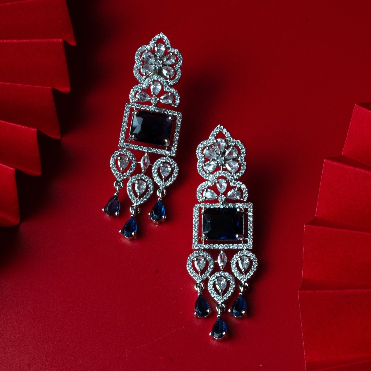 American Diamond Long Rhodium Plated Dangle Earrings
