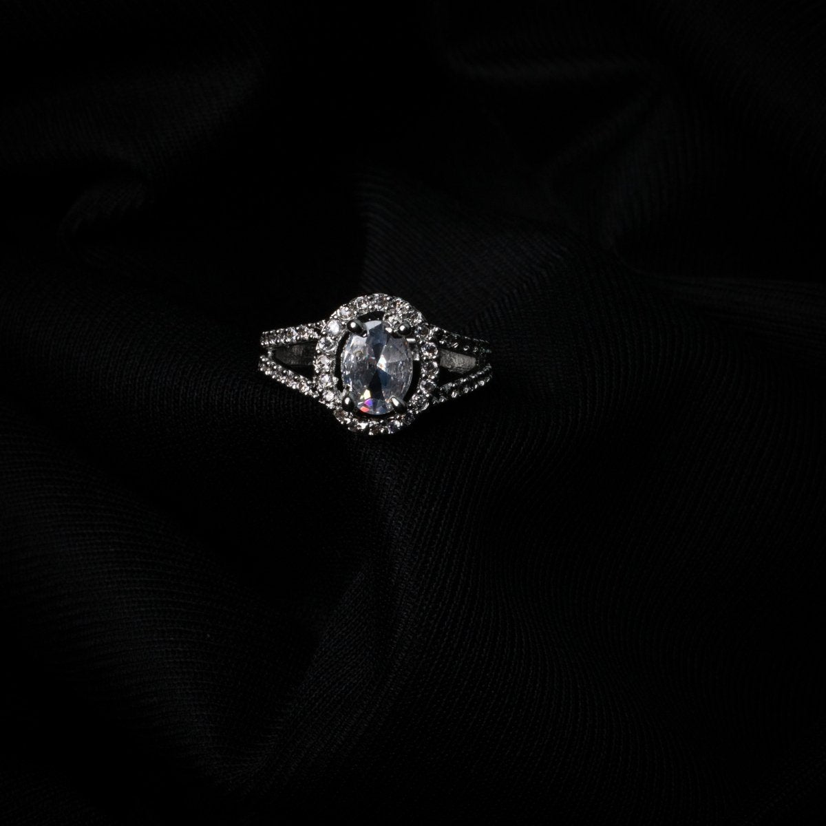 American Diamond Oval Halo Solitaire Statement Rhodium Plated Ring