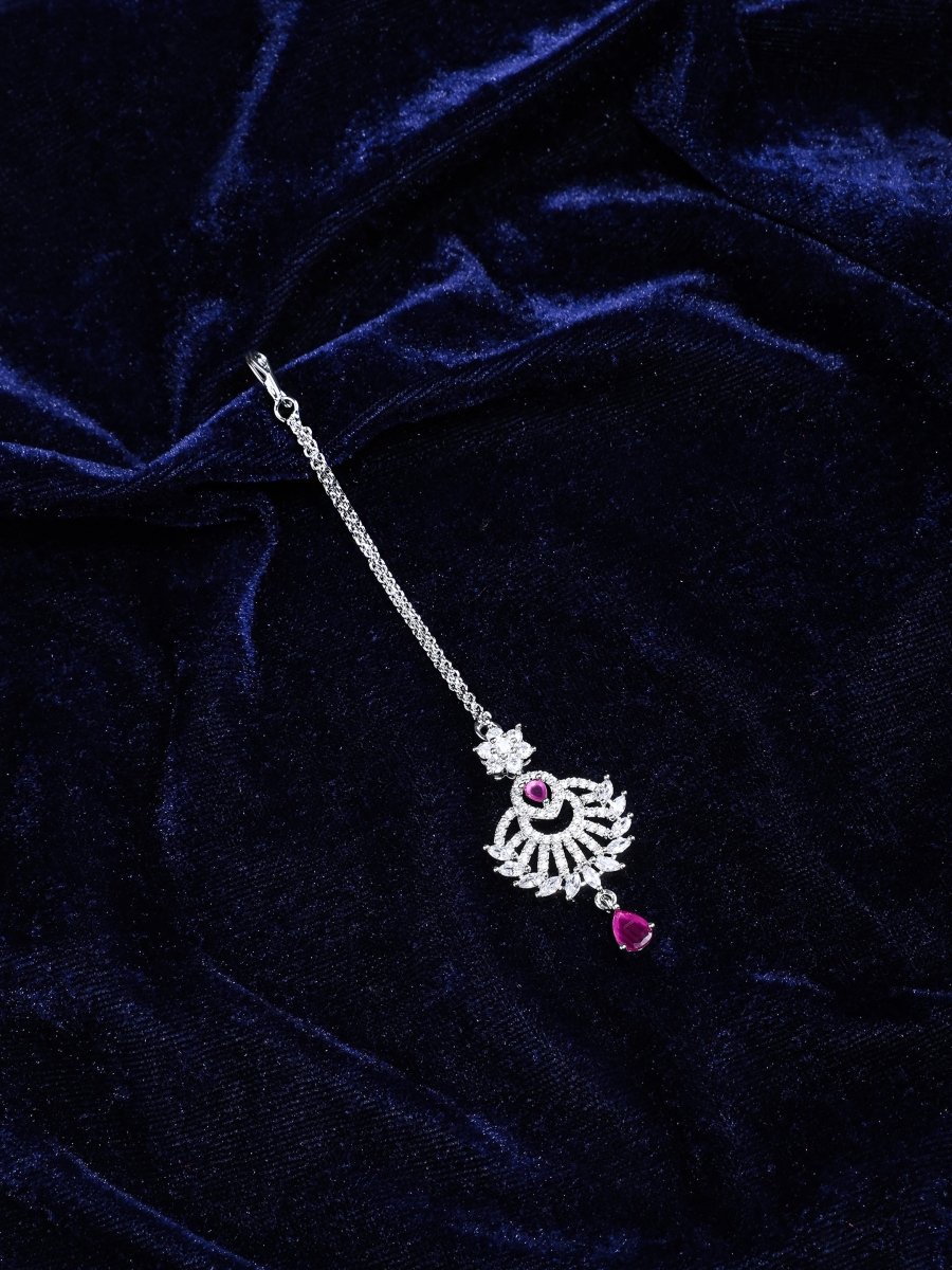 American Diamond Pink Stone Rhodium Plated Maang Tikka