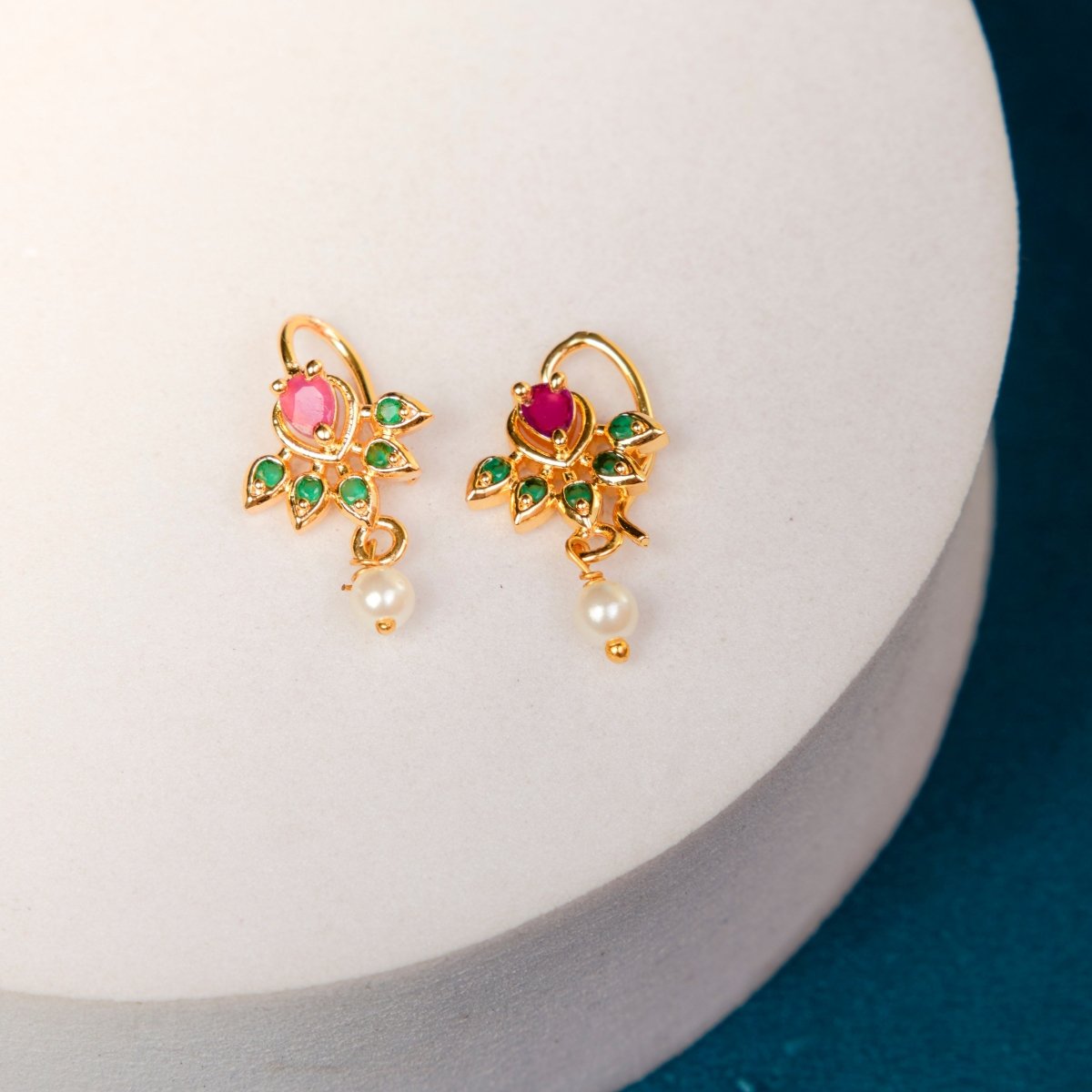 Antique Style Leaf Bugadi Earrings with Pearl Drop