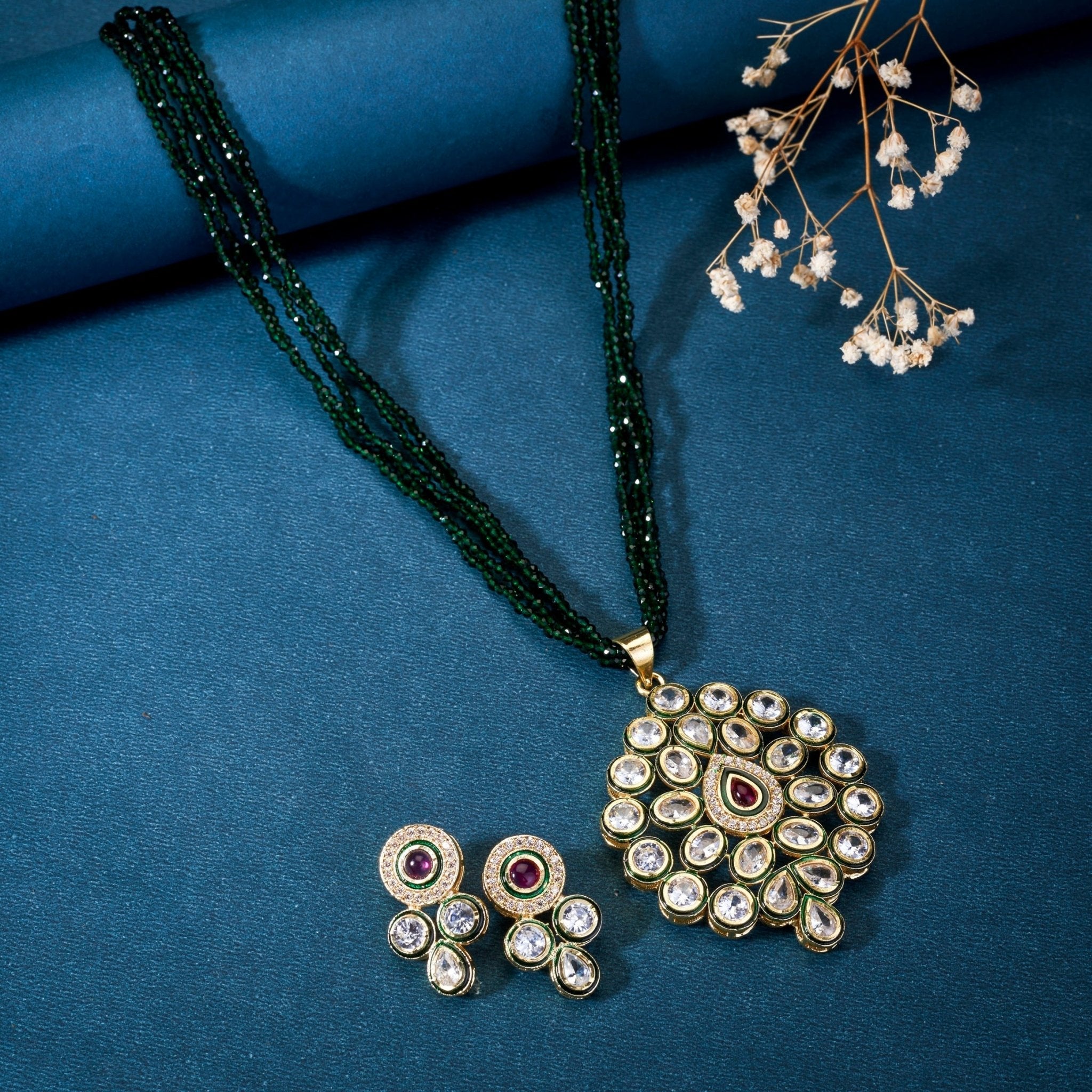 Beaded Kundan Pendant Set with Matching Earrings