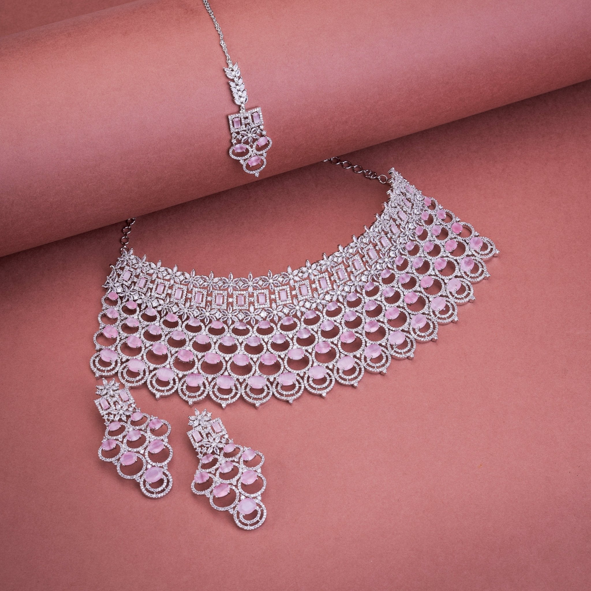 Bridal Cubic Zirconia Chocker Necklace Set With Tika
