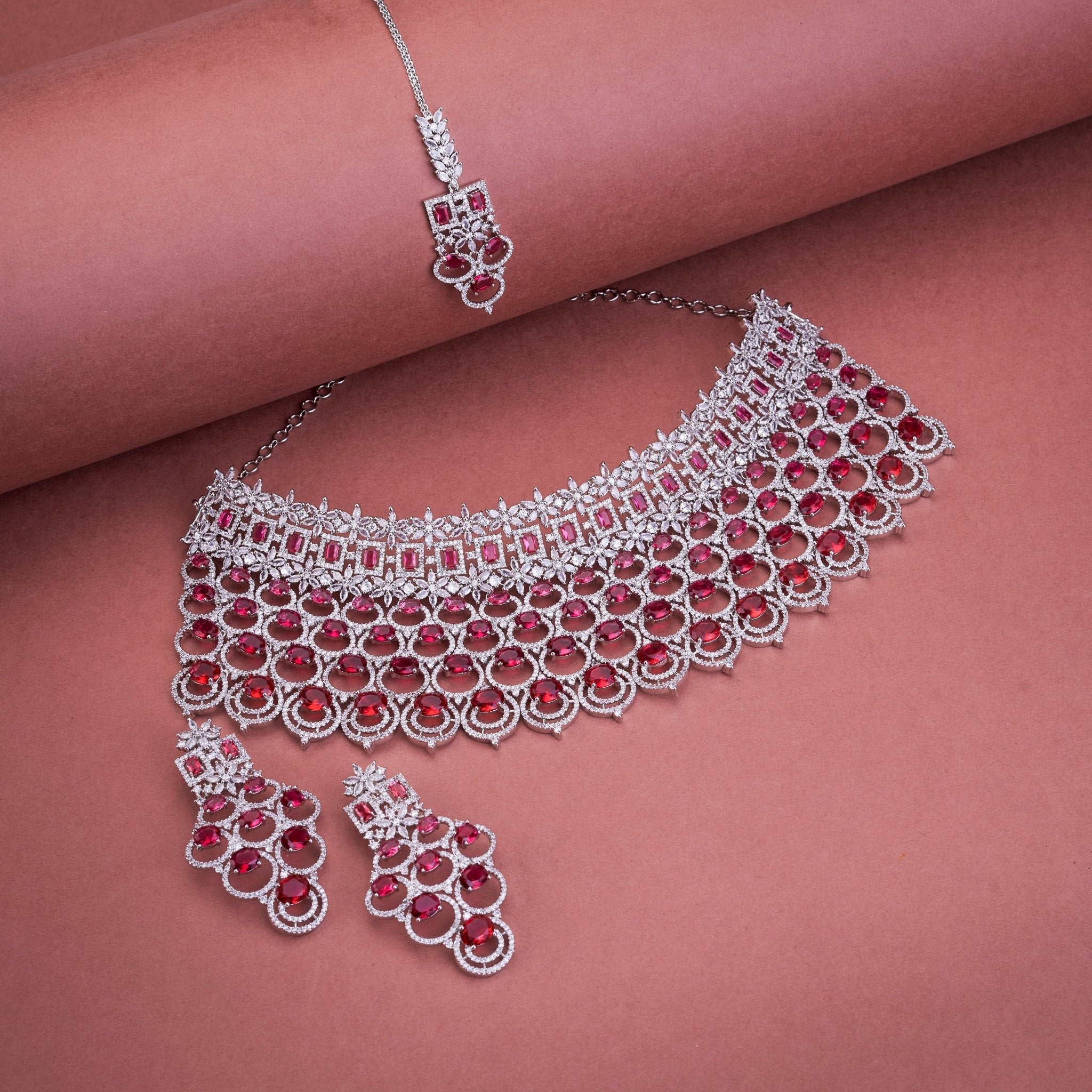 Bridal Cubic Zirconia Chocker Necklace Set With Tika