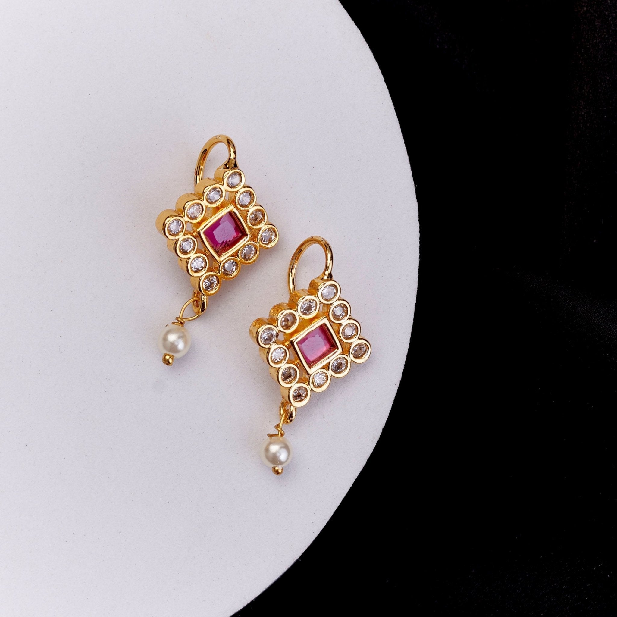 Gold Plated Geometric Square Kundan Pearl Drop Earrings