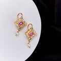 Gold Plated Geometric Square Kundan Pearl Drop Earrings