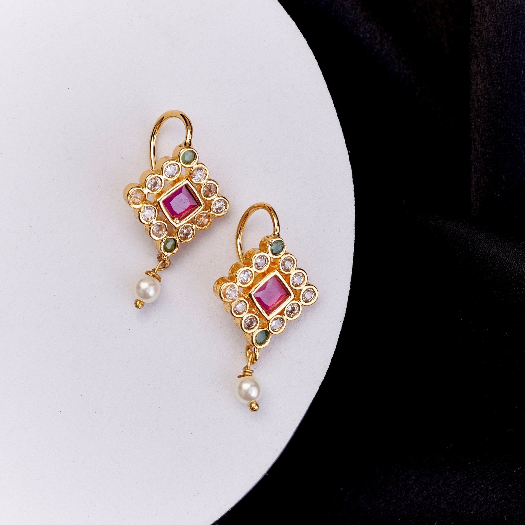 Gold Plated Geometric Square Kundan Pearl Drop Earrings