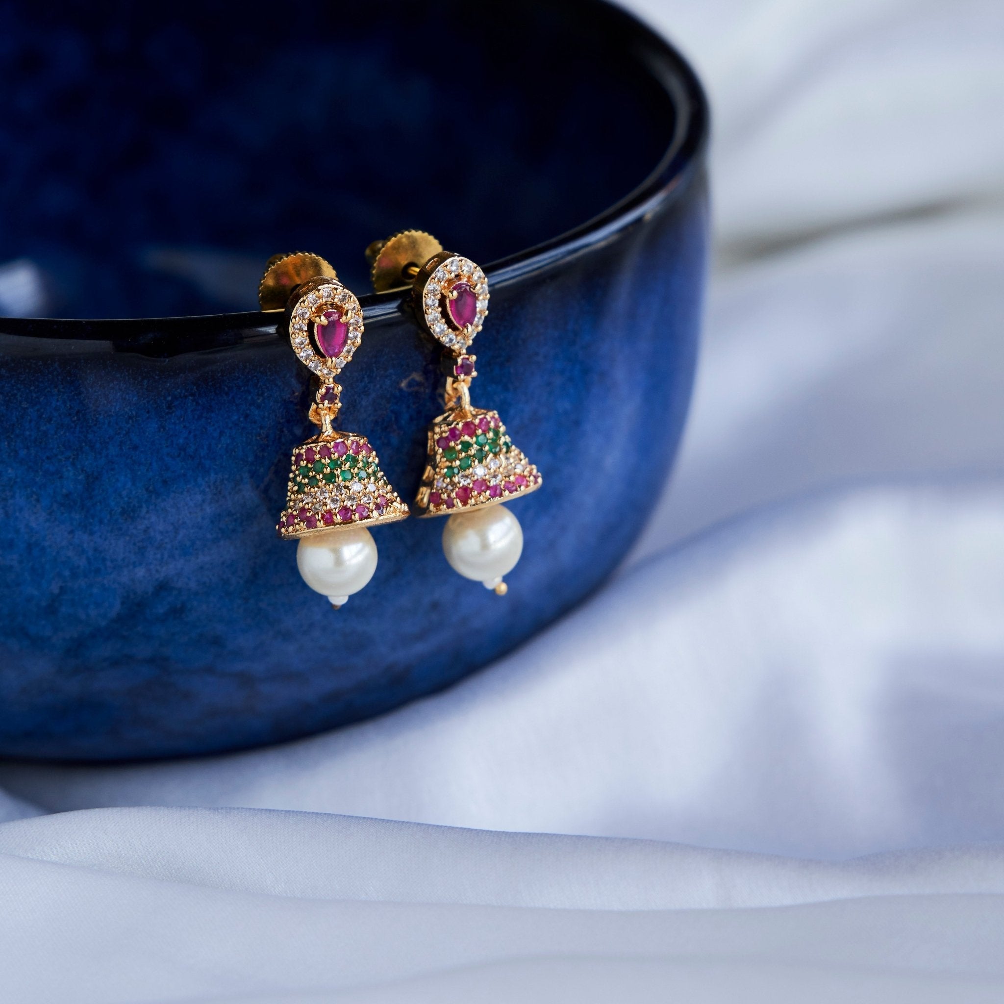Gold Plated American Diamond Pearl Jhumka Earrings