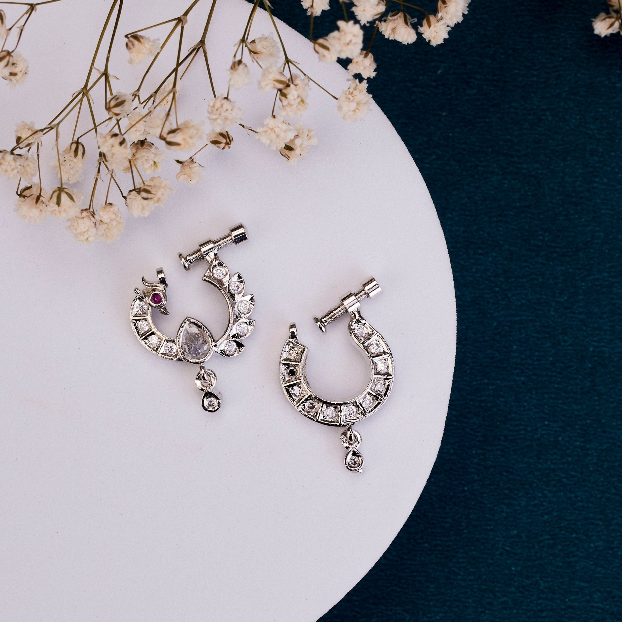 Cresecent Rhodium Plated Combo Nose Pin