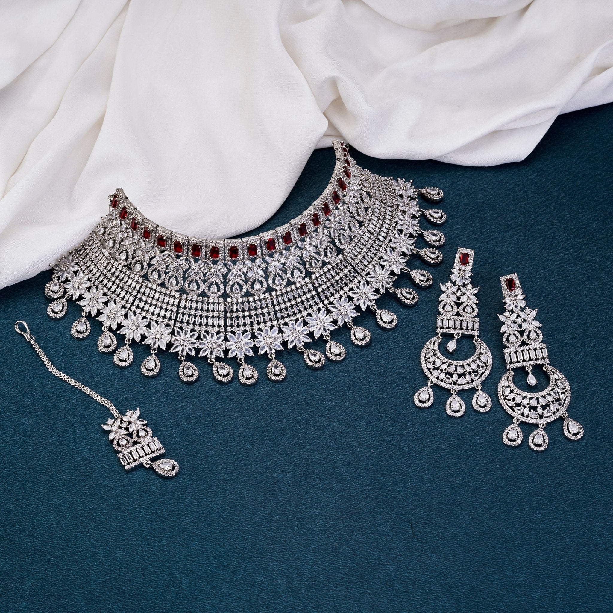 Crimson Cascade Choker Necklace with Maang Tika