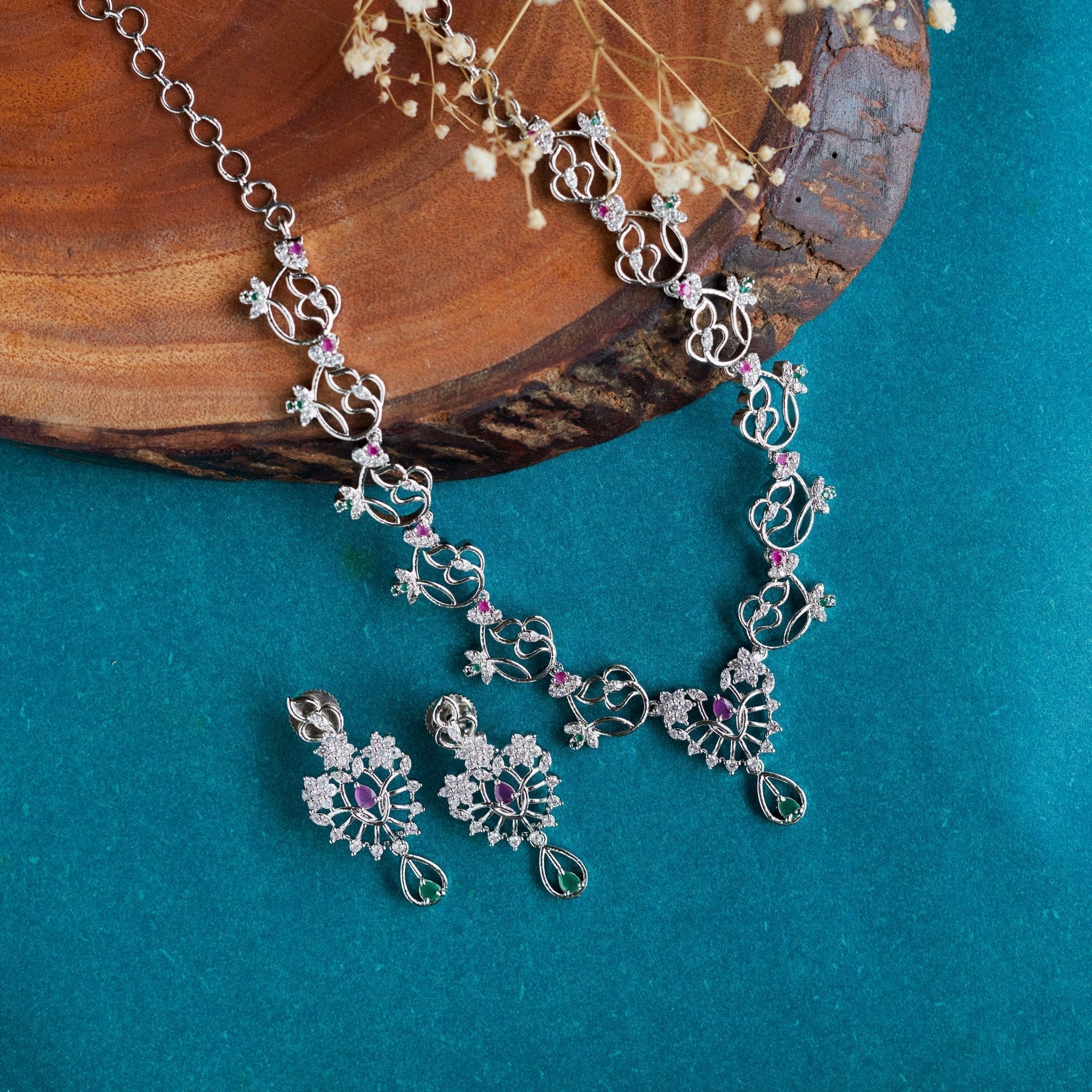 Rhodium Plated Peacock Floral Necklace Set with CZ Stones
