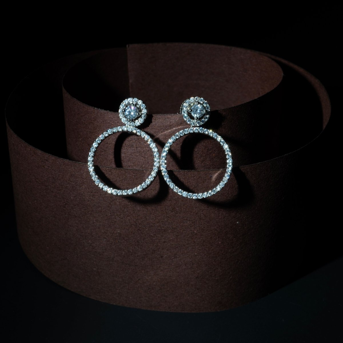 Crystal Double Circle Rhodium Plated Drop Earrings