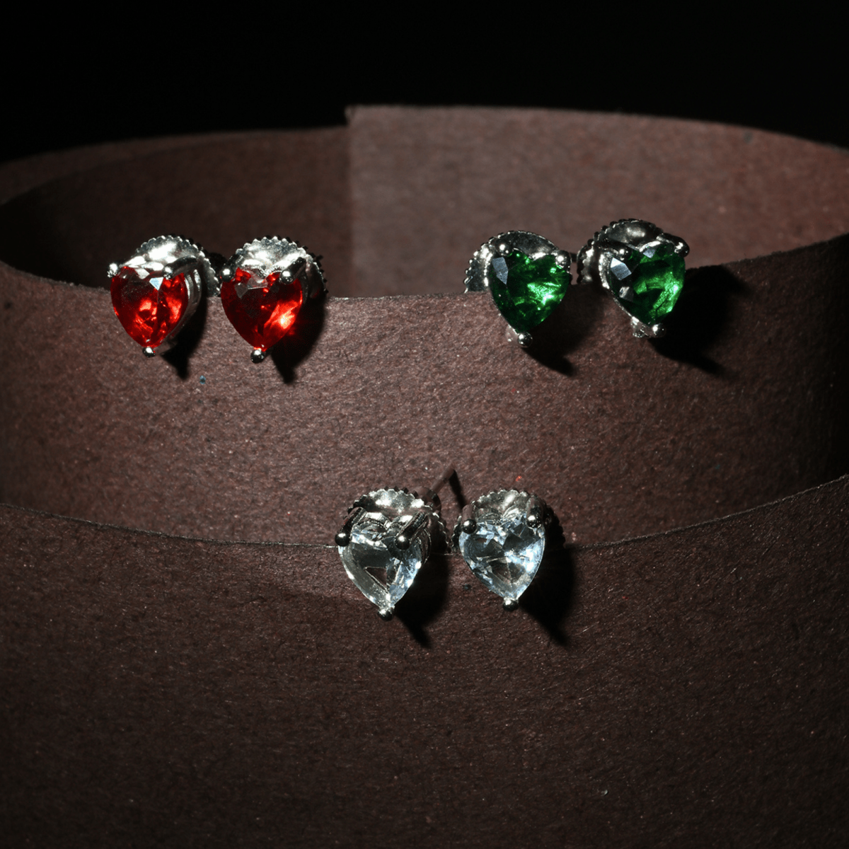 Crystal Heart Rhodium Plated Stud Earrings Set