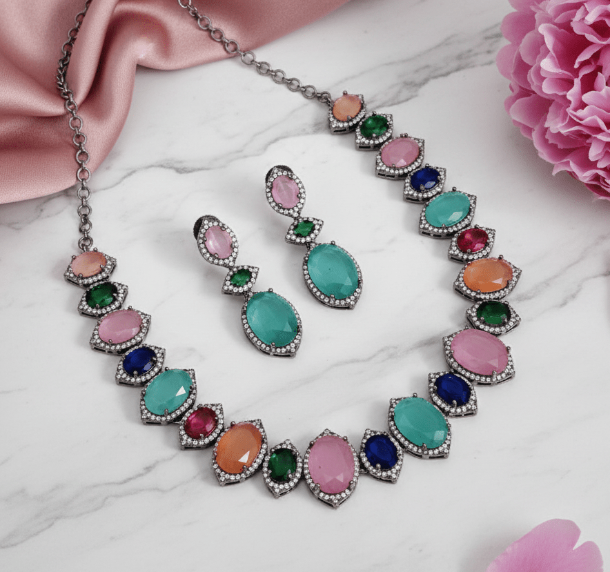 Cyan Serenity Necklace in Black Plated