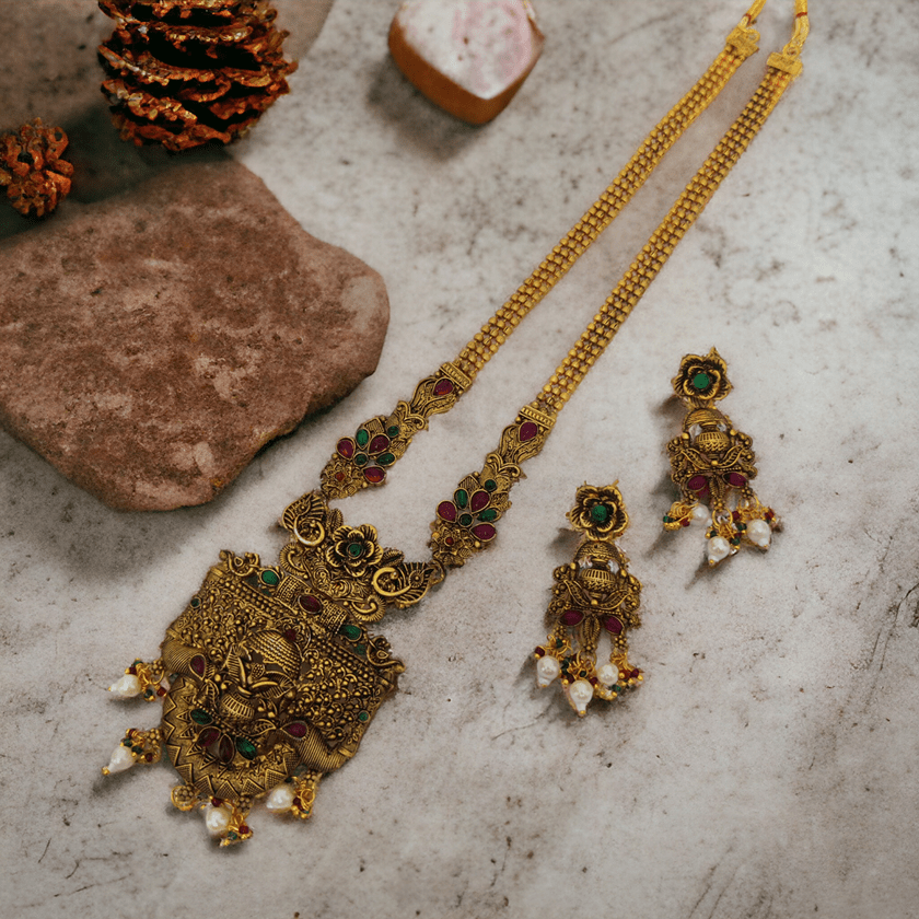 Matte Black Antique Lakshmi Temple Design Necklace Set