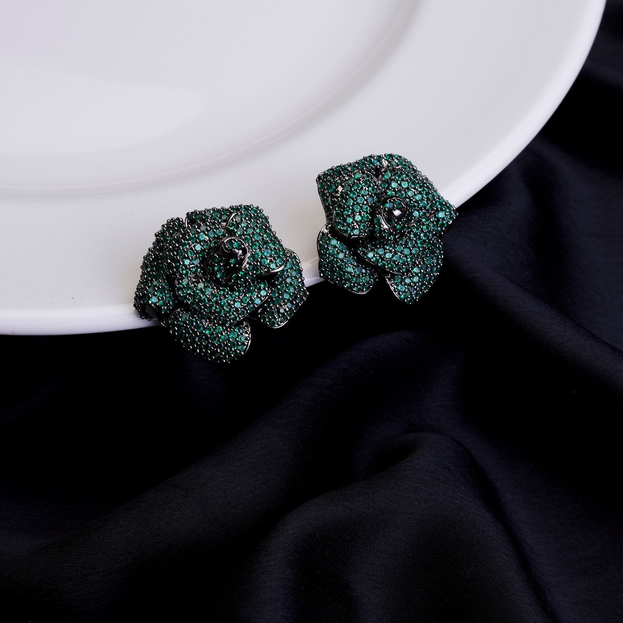 Eclipse Gem Floral Studs in Black Plated
