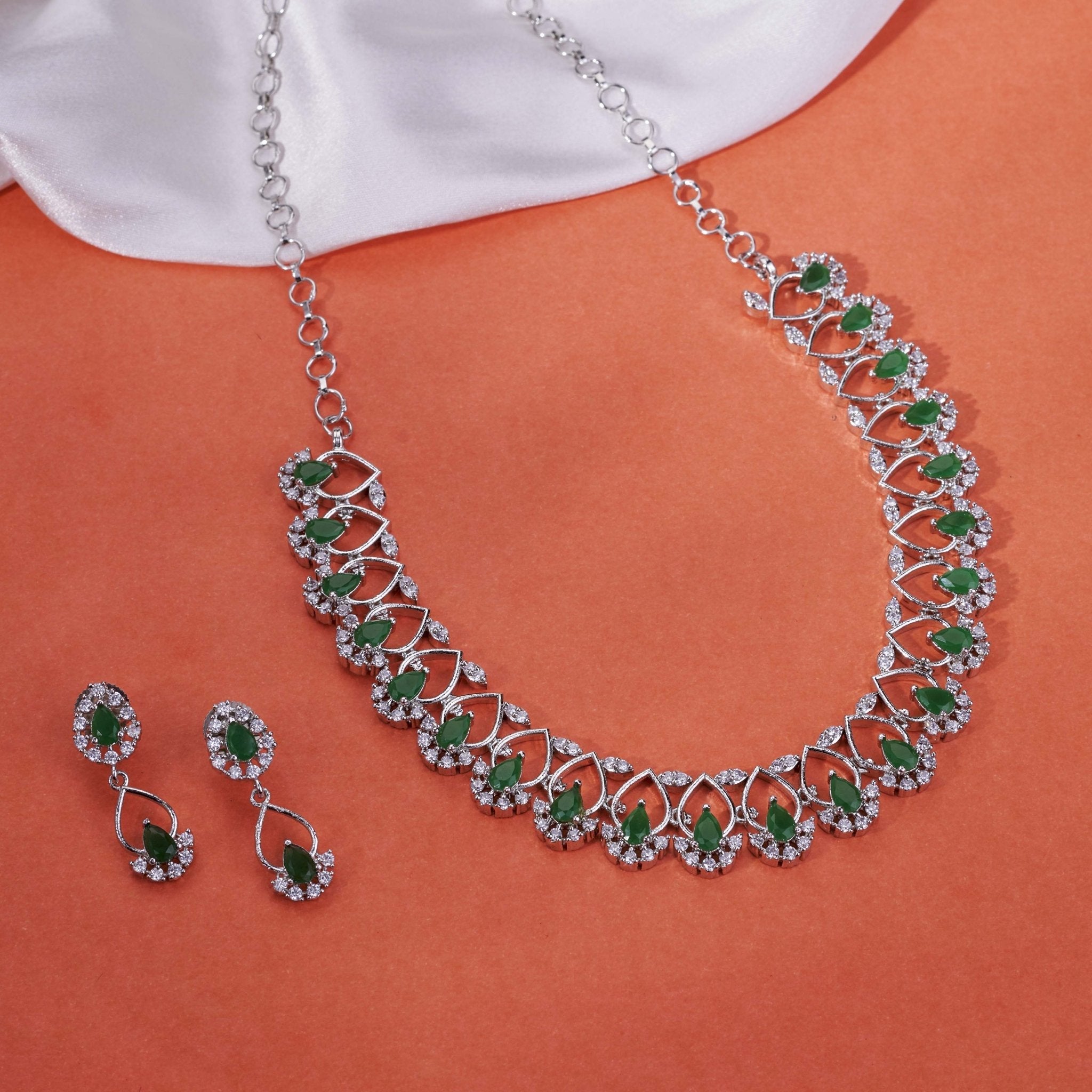 Elegant Emarald Floret Rhodium Plated Necklace Set
