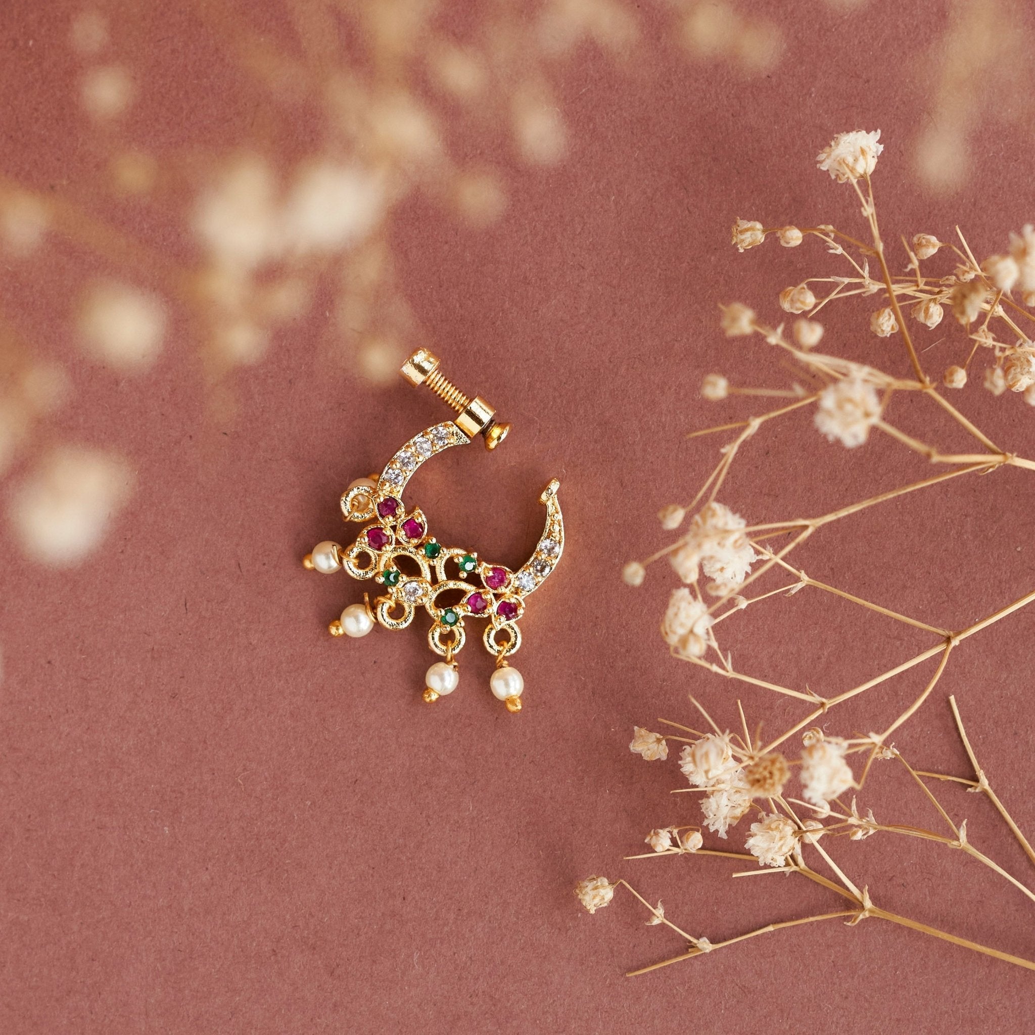 Elegant Peacock-shaped Gold Plated Screw Nose Pin