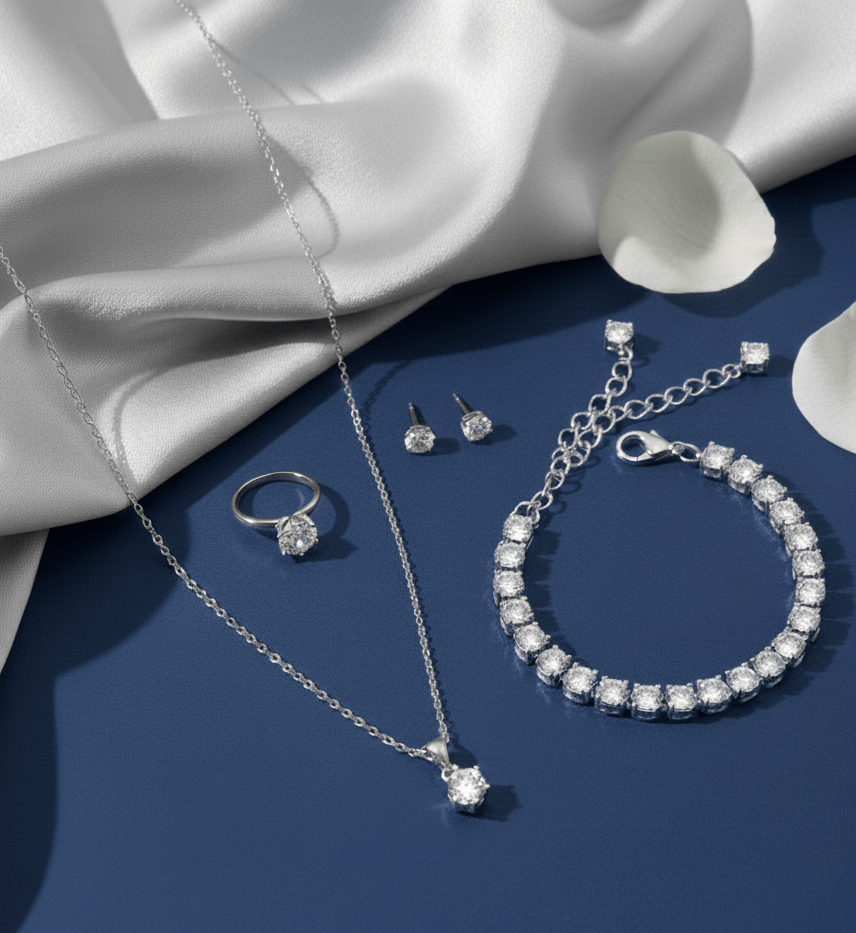 Elegant Rhodium AD Jewelry Set  -Pendant, Studs, Ring & Bracelet