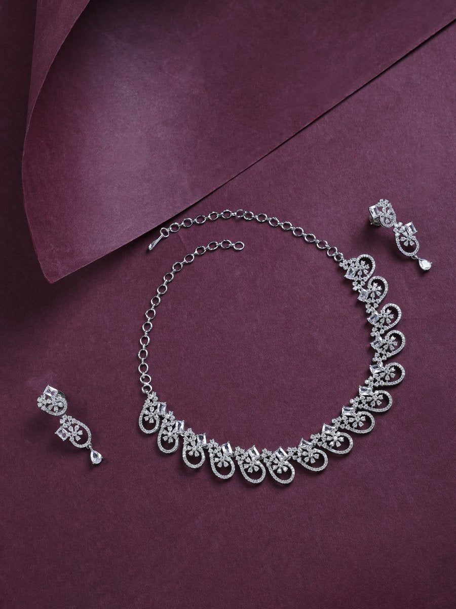 Elegant Rhodium Plated Cubic Zirconia (CZ) Necklace & Earrings Set