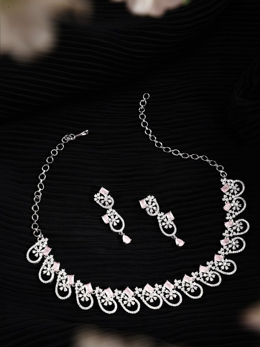 Elegant Rhodium Plated Cubic Zirconia (CZ) Necklace & Earrings Set