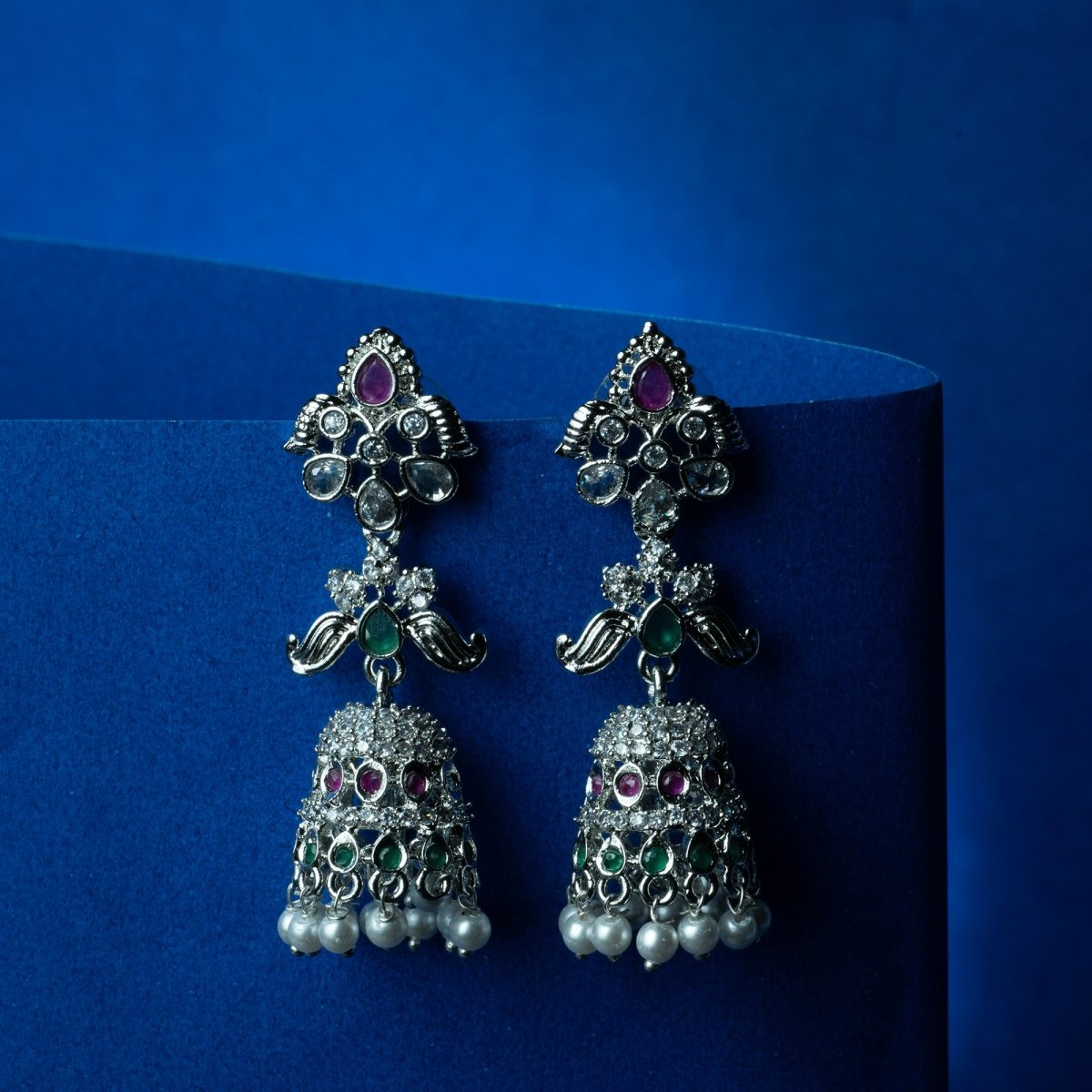 Elegant Rhodium Plated CZ Jhumka Earrings