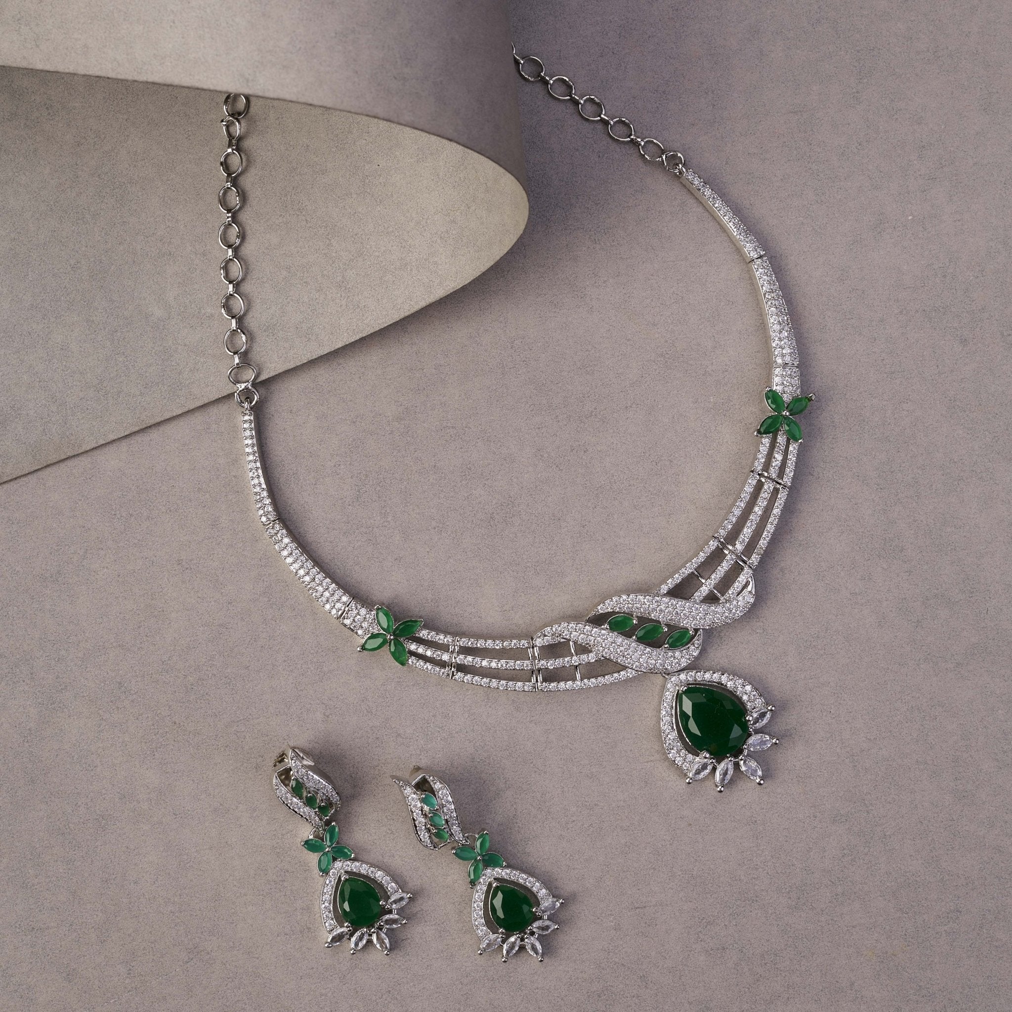 Emerald Elegance Floral Rhodium Plated Necklace Set