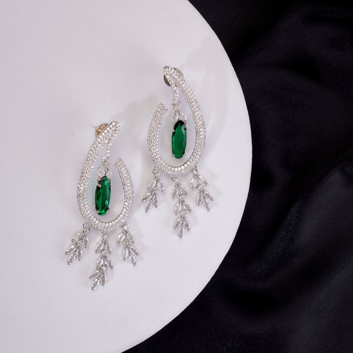 Emerald Teardrop Rhodium Plated Dangles
