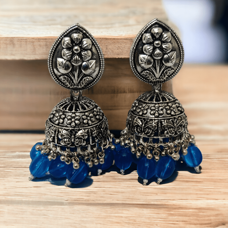 Exquisite Oxidized Jhumkas with delicate Hanging Moti
